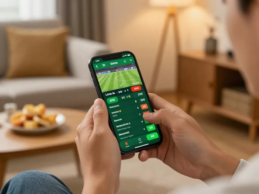 Player analyzing live sports odds on 8xbet app in a cozy home setting.