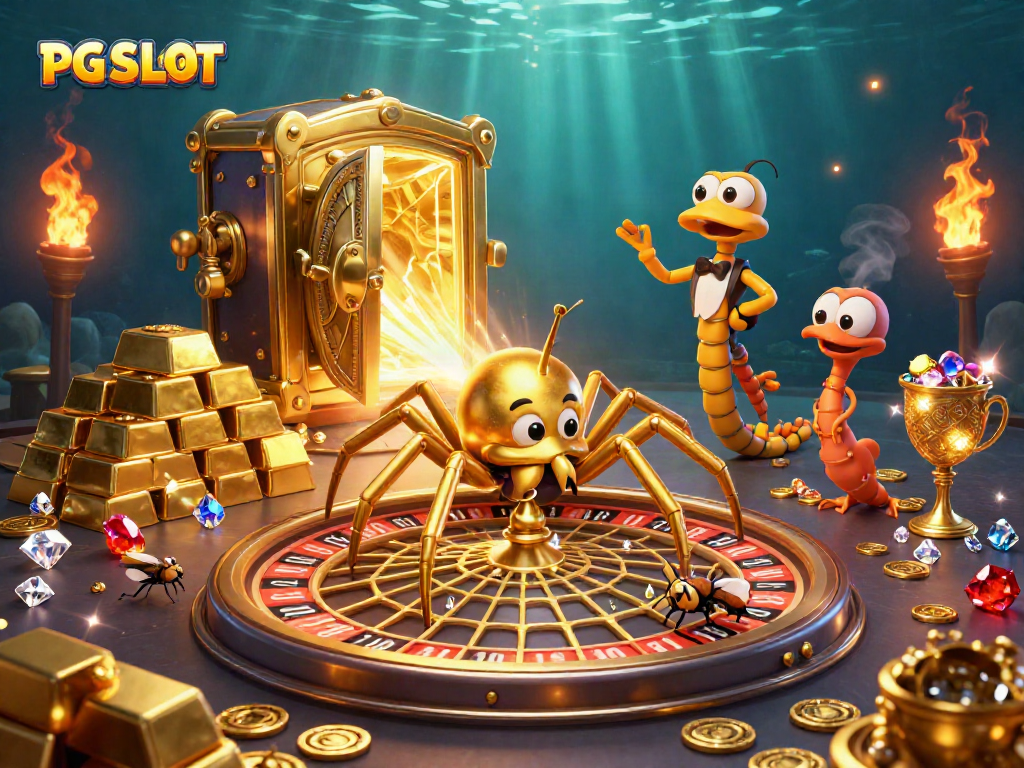 Spin the PG SLOT roulette wheel with golden treasures and animated characters in a vibrant casino scene.
