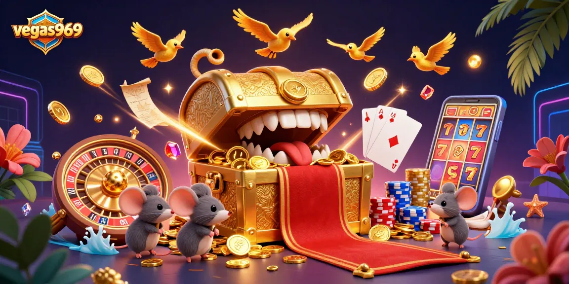 Experience the excitement of vegas969 with animated winnings, cascading coins, and game symbols.