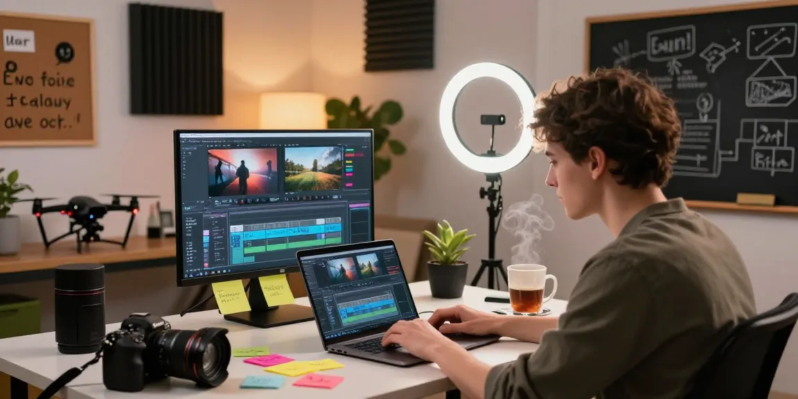 Learn video editing and motion graphics in a creative home studio setting with a filmmaker editing footage.