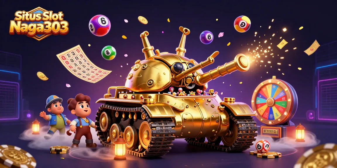 Situs Slot Naga303 features an energetic casino scene within a golden beetle tank, dynamic lottery elements and vibrant visuals.