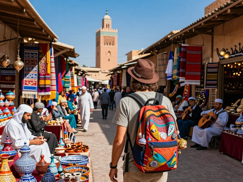 Vibrant souks of Marrakech with travelers exploring local culture, showcasing the expertise of a morocco travel company.