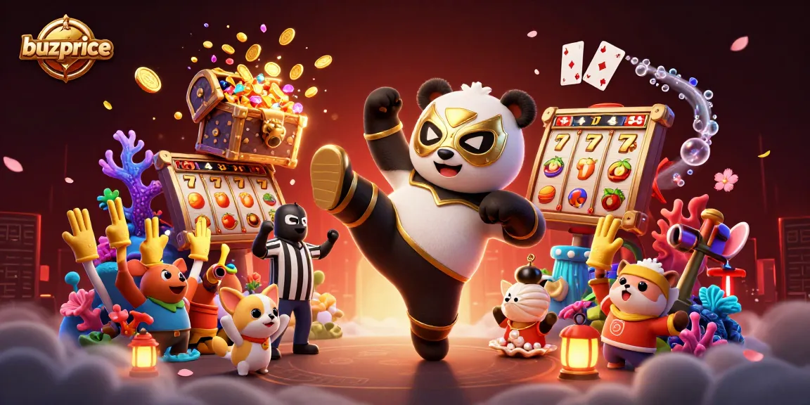 buzprice showcases an animated panda wrestler kicking while a referee chihuahua counts amidst dynamic casino elements.