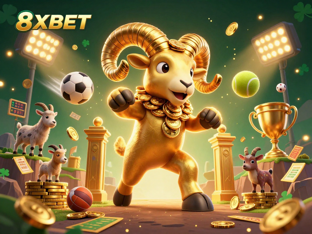 Experience the thrilling action at 8XBET as the golden ram charges through a sports arena filled with excitement.