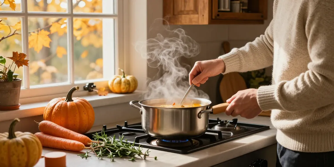 Suppe kaufen mit Zutaten für hausgemachte Suppe und warmer Küchenatmosphäre