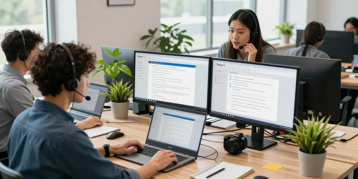 Telus-Technical-Support team collaborating in a modern office environment.