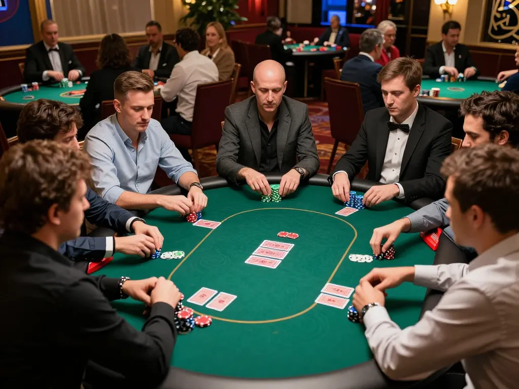 Players engage in a thrilling poker game at 23win casino, showcasing chips and cards in an upscale environment.