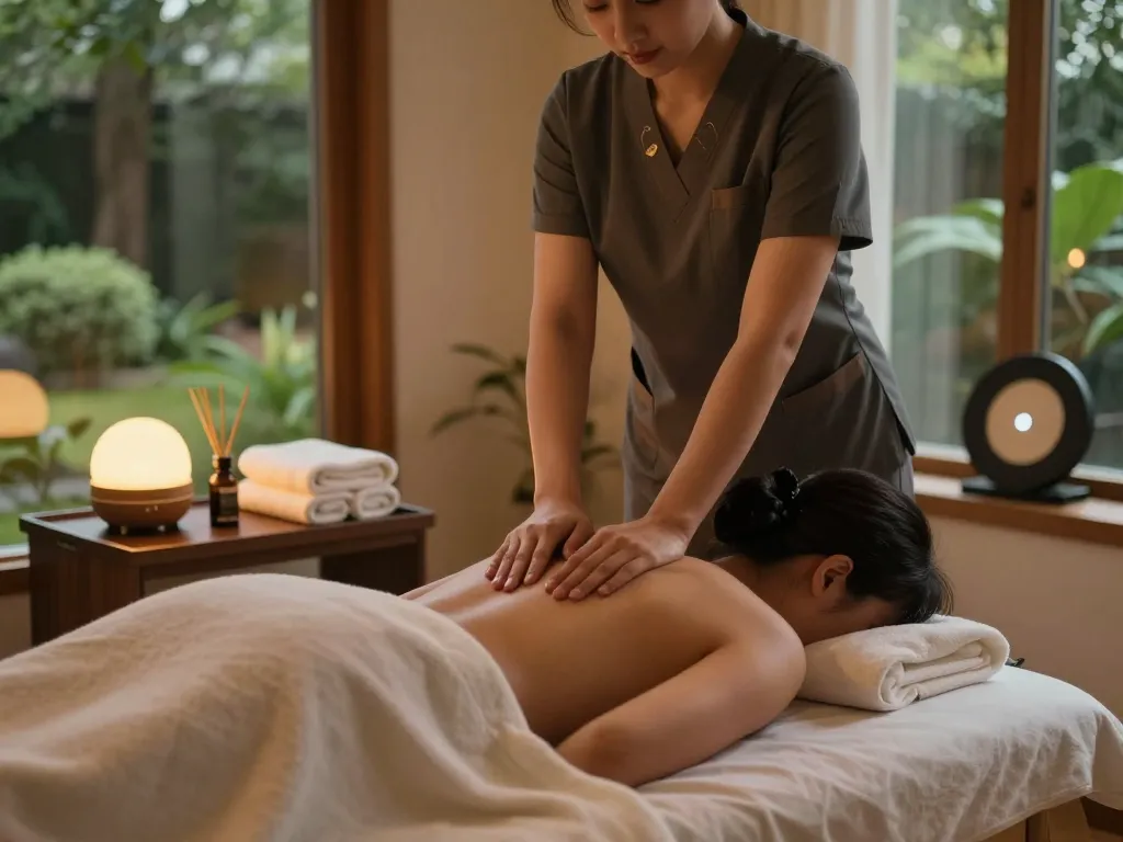 Relaxing .출장마사지 session with a professional therapist in a warm home setting, soothing ambiance.