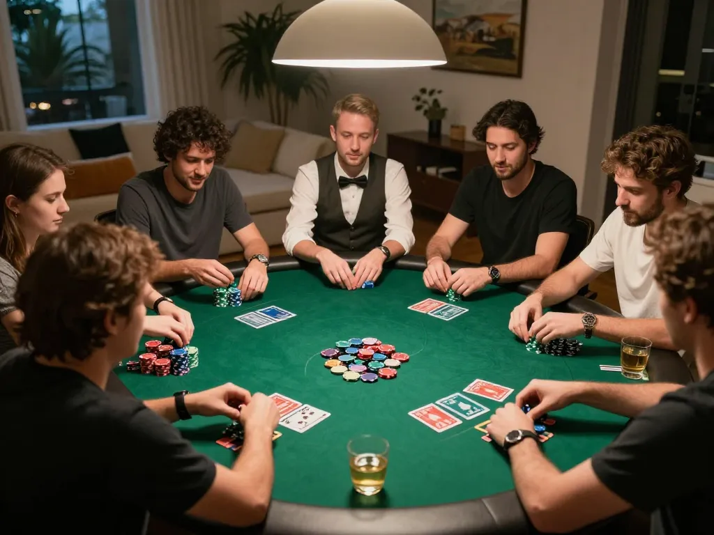 MM88 players strategize during a high-stakes home poker game, showcasing intense expressions and vibrant chips