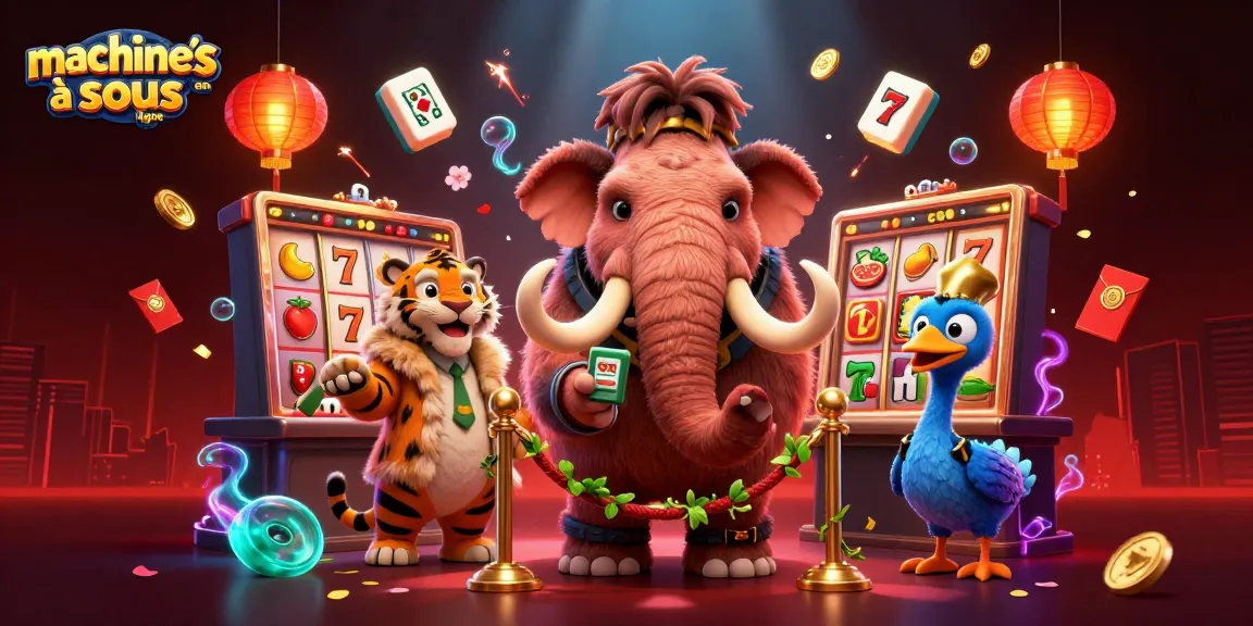 Gagnez sur des machines à sous en ligne dans un casino animé avec un mammouth et un tigre.