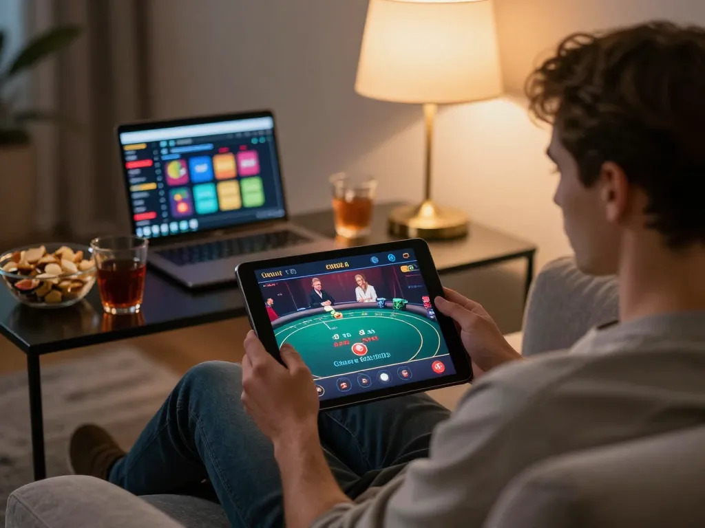 Player engaging with O8 casino app on tablet while seated on a cozy couch