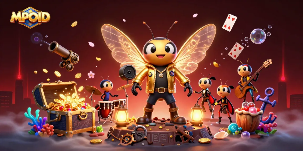 MPOID shows 3D cicada rock star with electric wings, vibrant gold coins around in a lively casino scene.