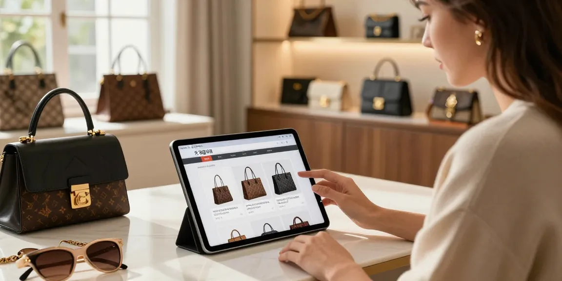 Fashionable shopper exploring 레플리카 products on a tablet in a stylish home.