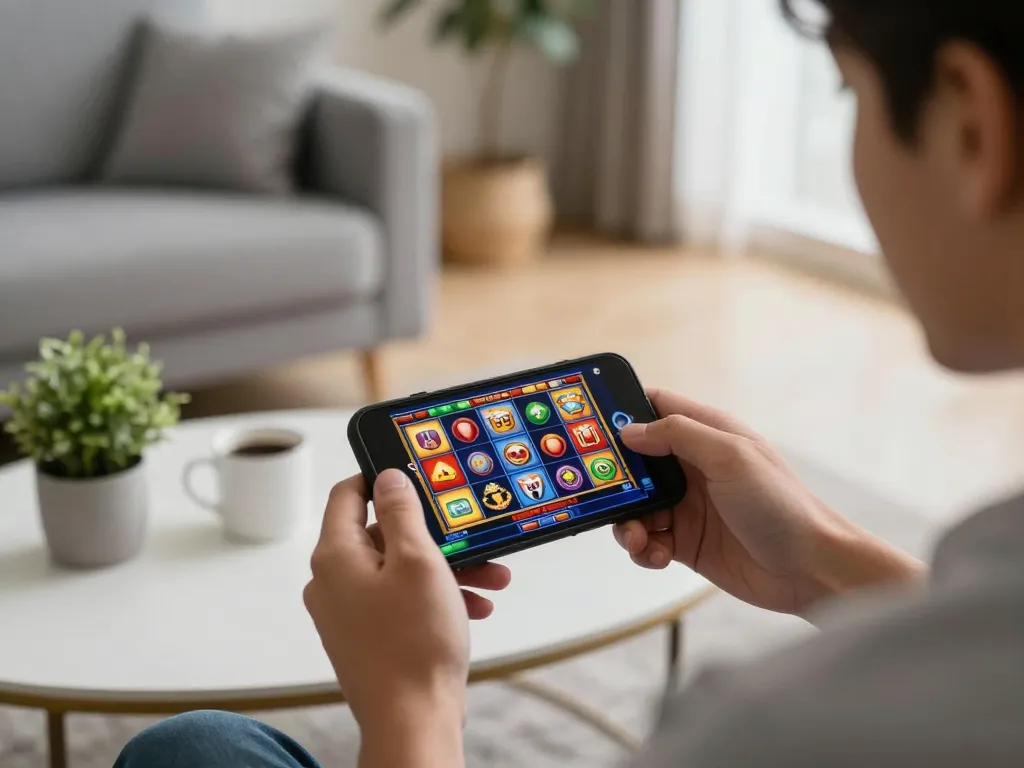 Engaging in exciting slot game on Jun88 mobile app with vibrant icons and cozy home setup