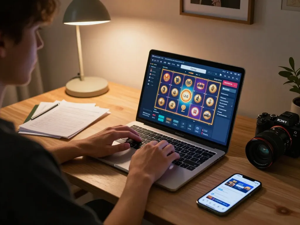 Playing slot toto on a laptop at home, showcasing strategic betting setup and cozy atmosphere