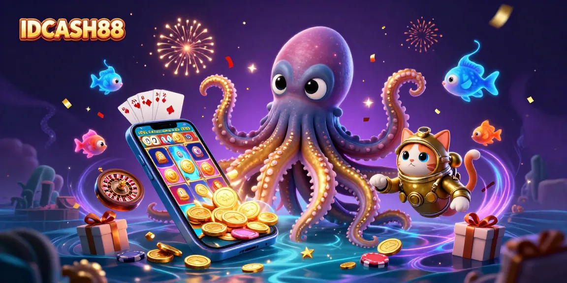 Experience IDCASH88’s thrilling world with a kraken, diving cat, and vibrant slot games!