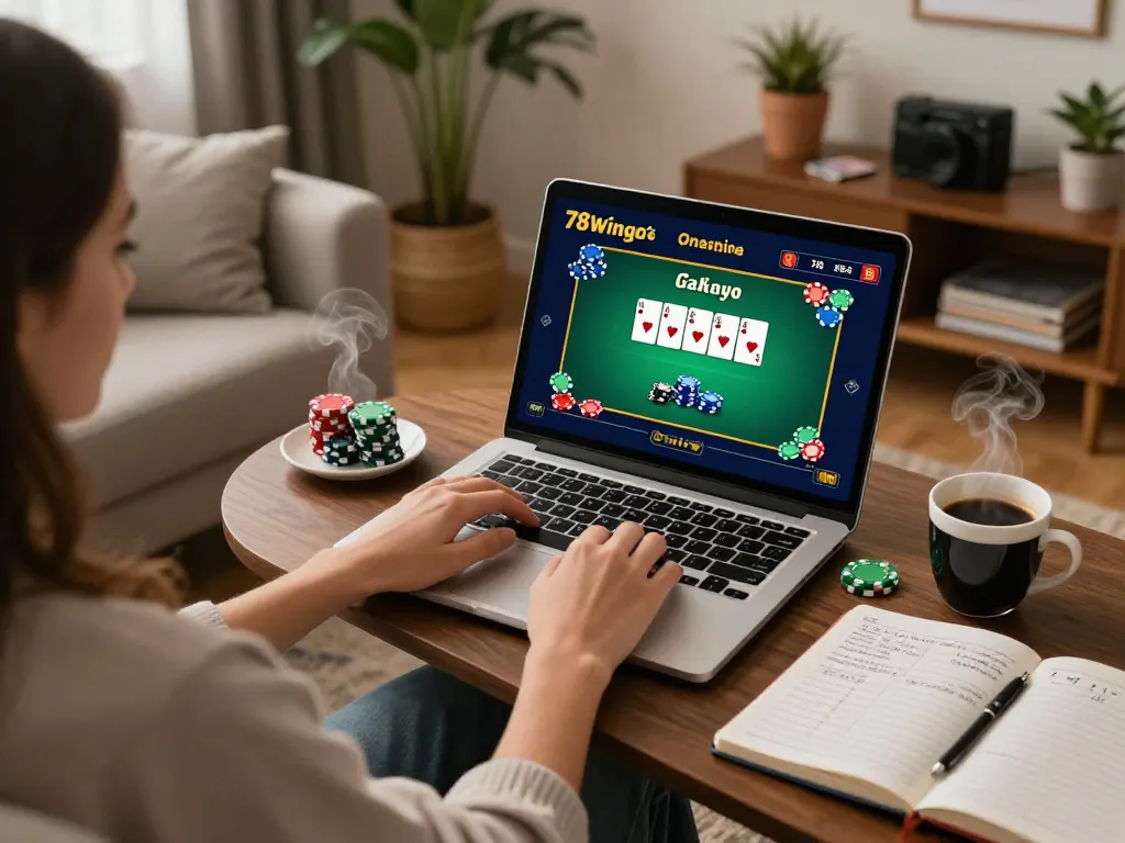Player engaging with 78wingo's online casino on laptop, showcasing cozy home gaming atmosphere.