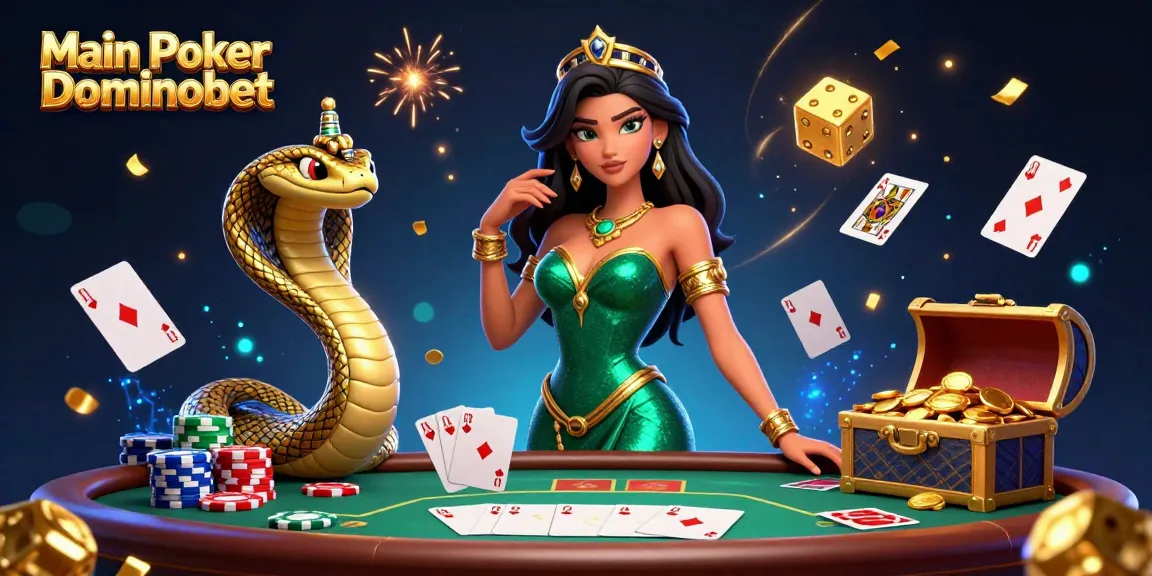 Main Poker Dominobet showcases a stunning poker scene with a detailed illustration of chips, cards, and golden elements.
