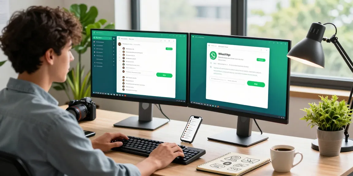 Engaged user utilizing WhatsApp網頁版 on a desktop, showcasing productivity in a stylish workspace.