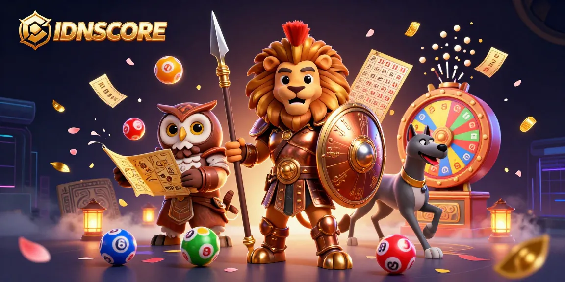 Experience exciting gaming action with IDNSCORE amidst colorful lottery elements and dynamic characters.