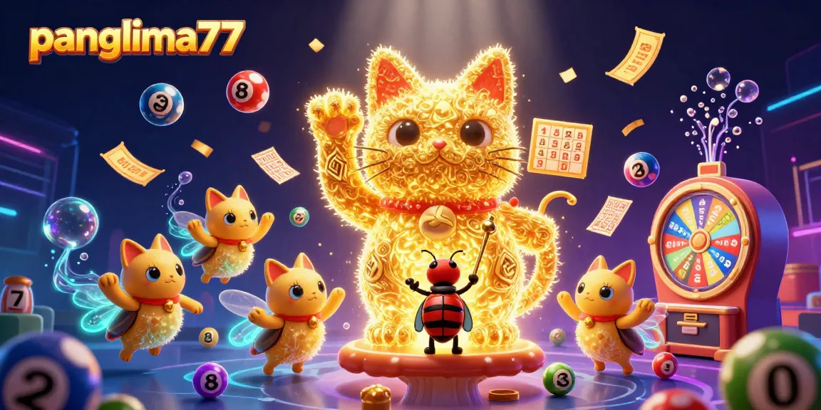 Experience big wins with panglima77 in this vibrant 3D casino illustration featuring a lucky cat and dynamic game elements.