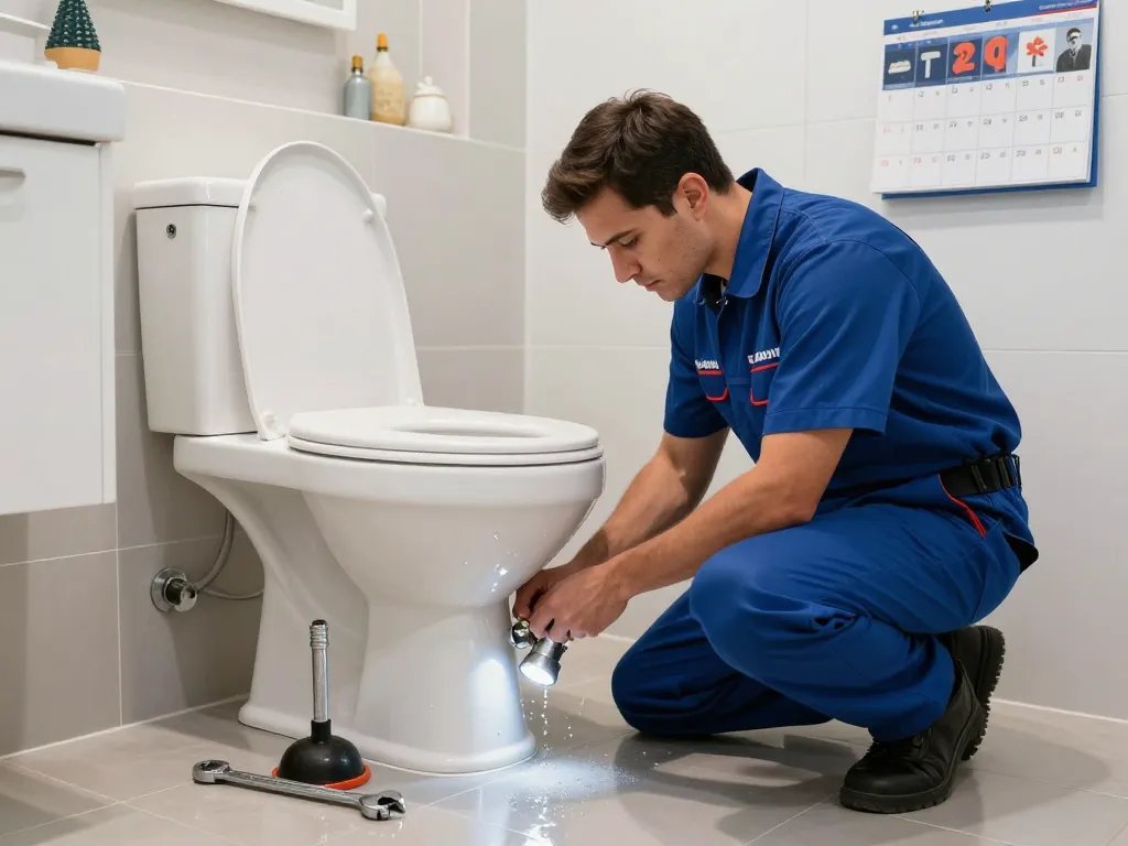 Toilet plumbing repairs for Sydney homes, plumber diagnosing a toilet leak with tools in a bright modern bathroom.