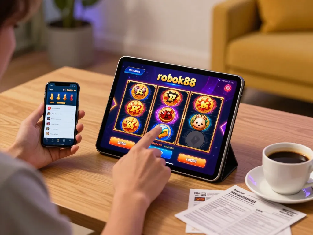 Engaging in rokok88 slot login on a tablet at an inviting home gaming setup.
