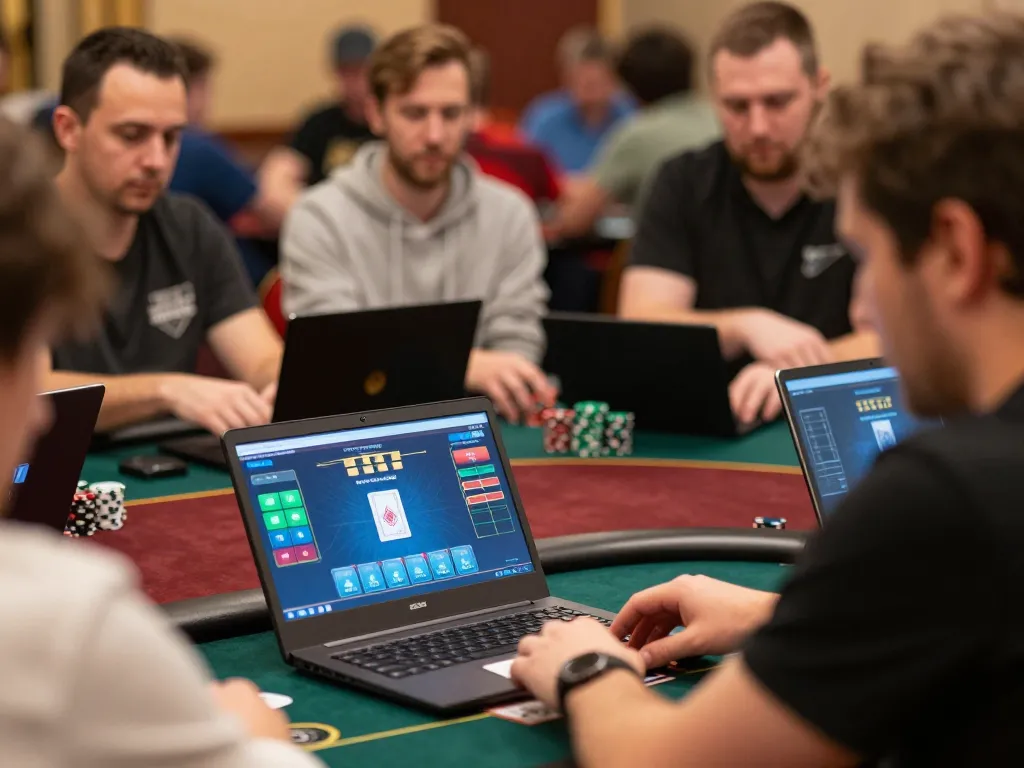 Join the excitement of online poker with strategic gameplay at Onbet, featuring players in action.