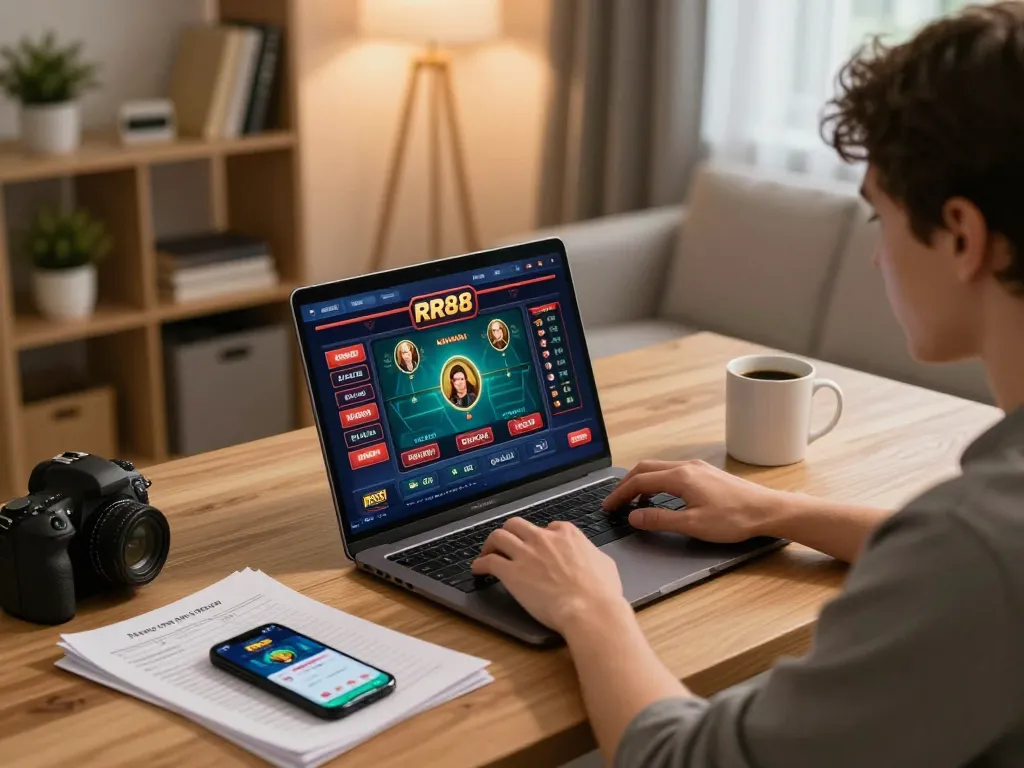 Player engaged in exciting online gaming at RR88, showcasing a cozy home office atmosphere.