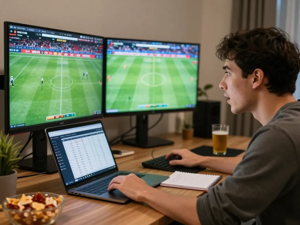 Engaged sports bettor using tylekeonhacai88 for live odds analysis and betting strategies in home office.