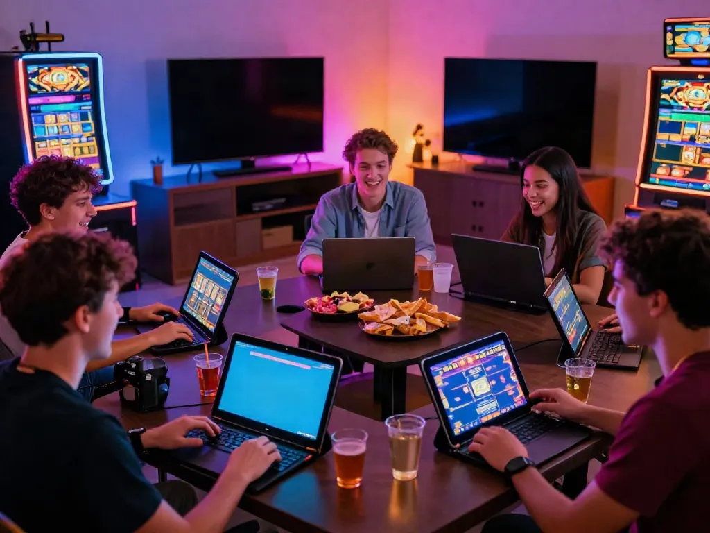 Players enjoying an exciting slot game experience on various devices in a lively home setting.