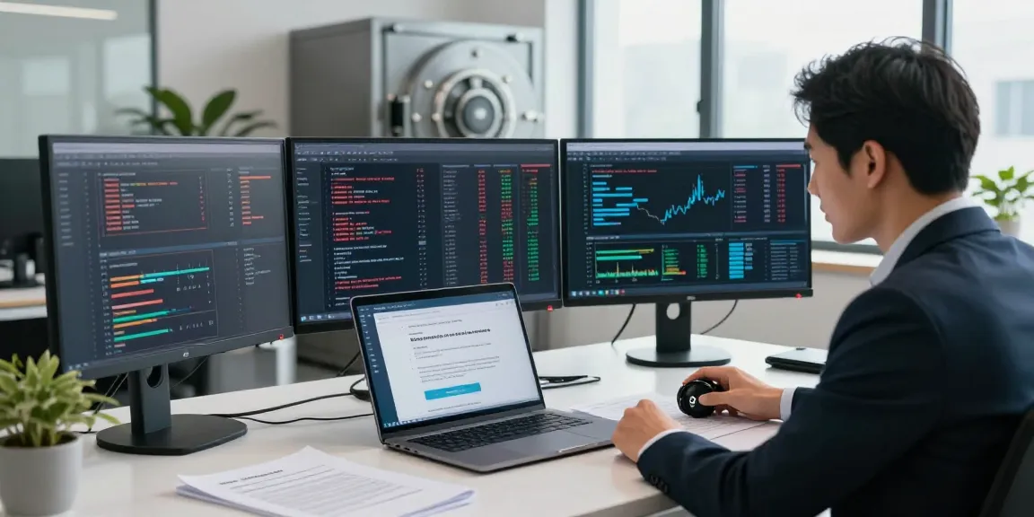Focused professional analyzing data to recover stolen cryptocurrency in a modern office environment.