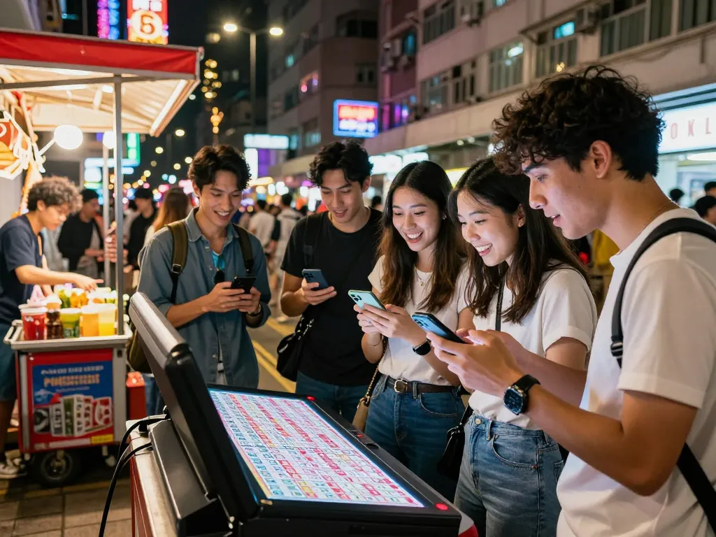 Friends excitedly discussing their HK Lotto tickets in a vibrant urban setting at night.