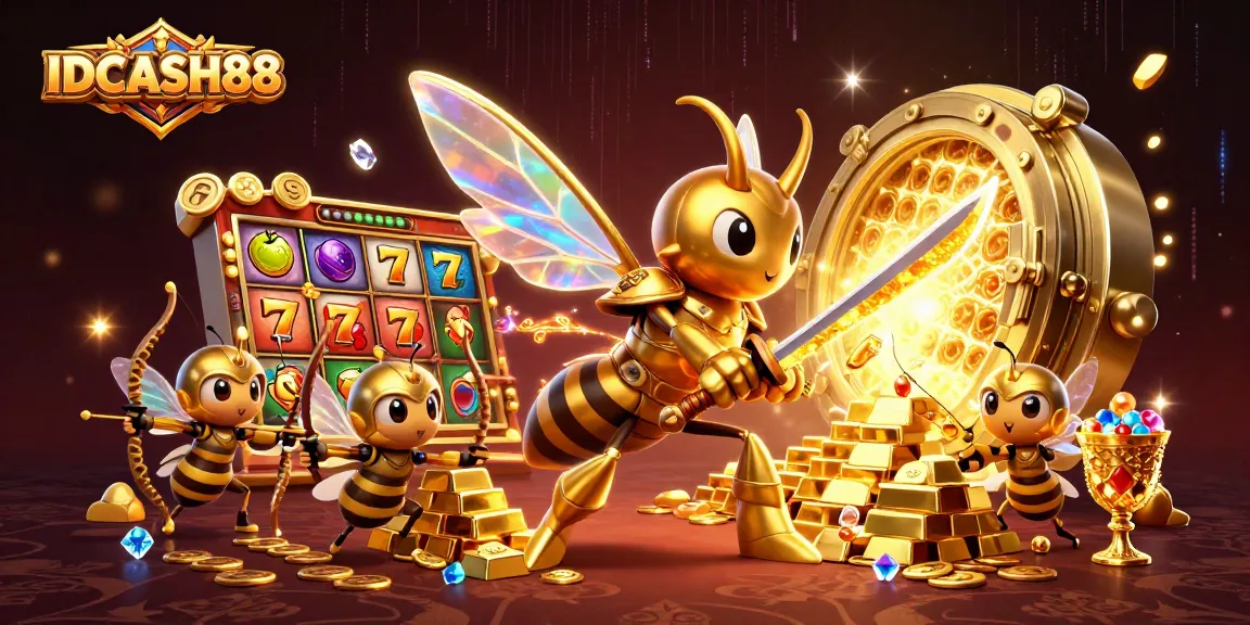 Spin and win at IDCASH88 with this vibrant 3D casino illustration featuring slots and treasures.