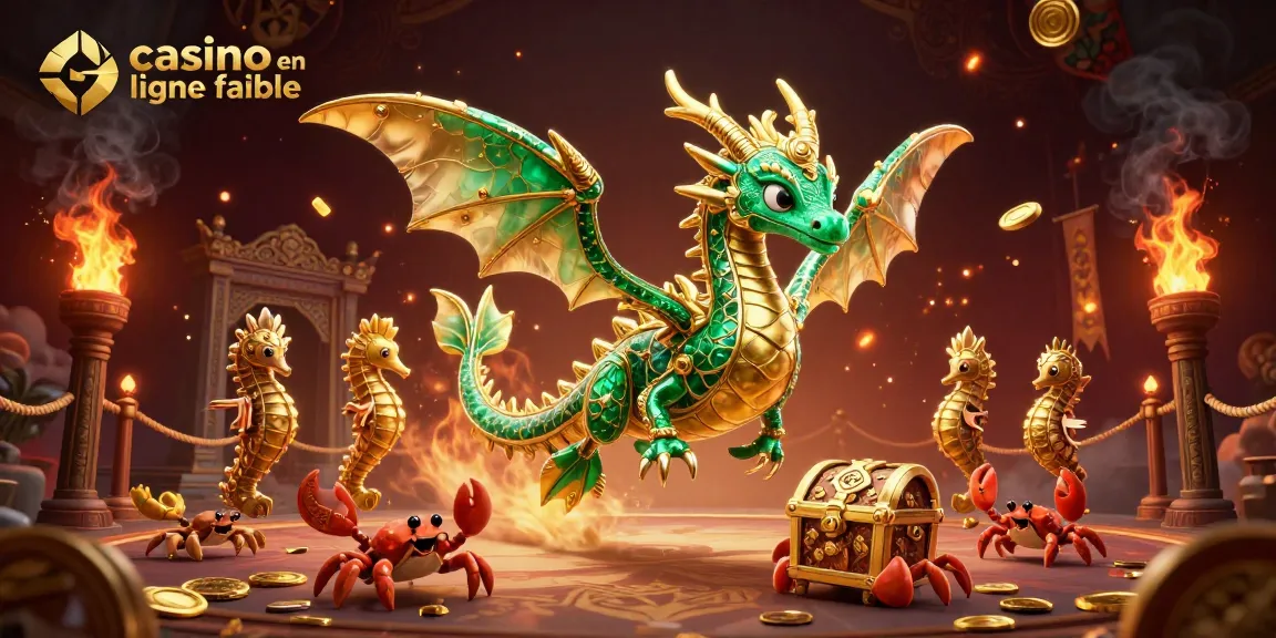 Vivez des moments palpitants au casino en ligne fiable avec une illustration 3D vibrante d'un dragon de mer et de trésors.
