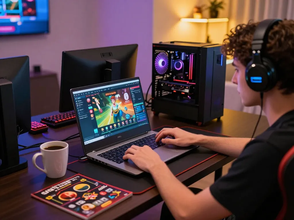 Engaging in Slot Gacor Dewagg gameplay on a laptop in a cozy modern gaming setup.