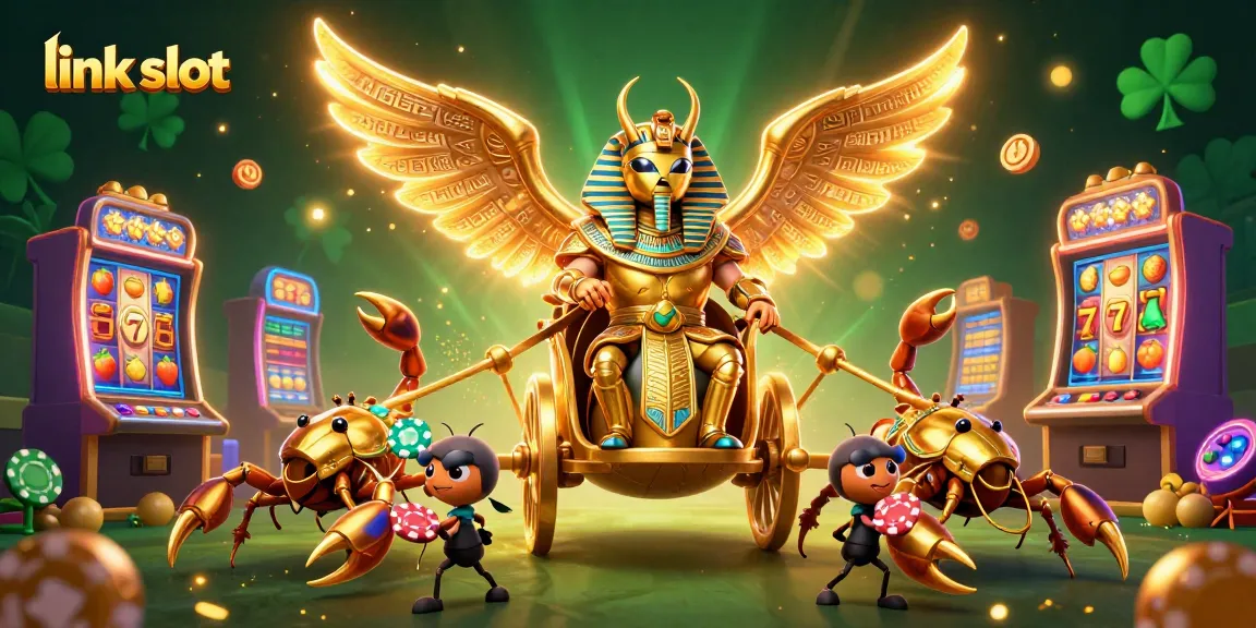 Experience thrilling gameplay with link slot featuring a colossal golden beetle and colorful slot machines.