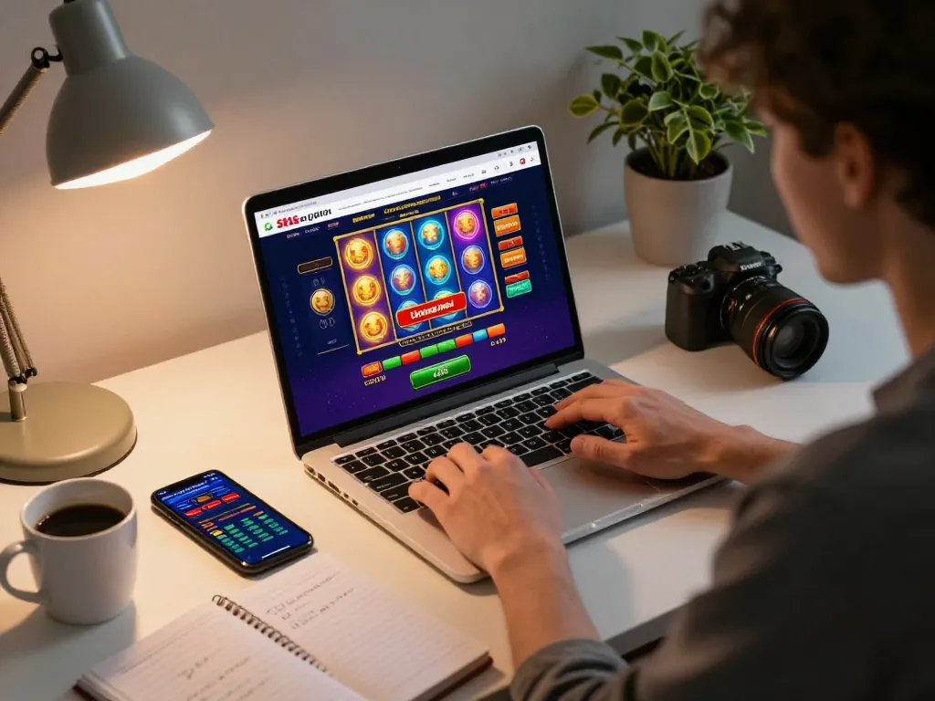 Enjoying an immersive gaming session on situs slot gacor with colorful slot reels displayed on a laptop.