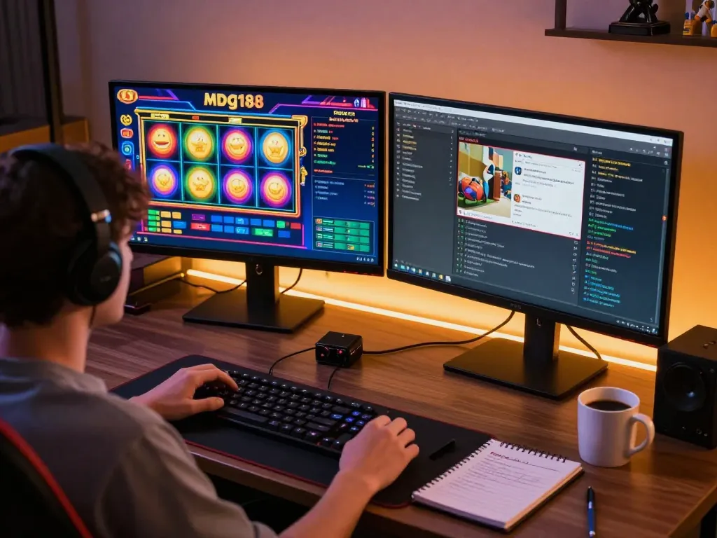 Engaging in mdg188 online slots gameplay with dual monitors showcasing vibrant games.