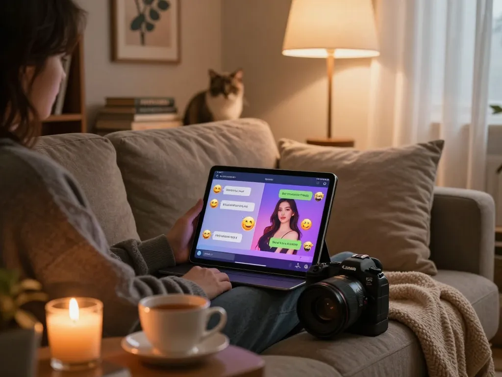 Engaging nsfw ai chat on a tablet in cozy home setting.