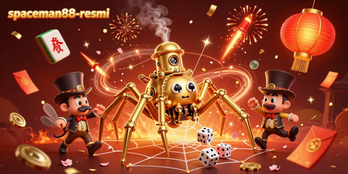Experience thrilling gameplay with spaceman88-resmi, where a steampunk spider catches dice in a web of casino excitement.