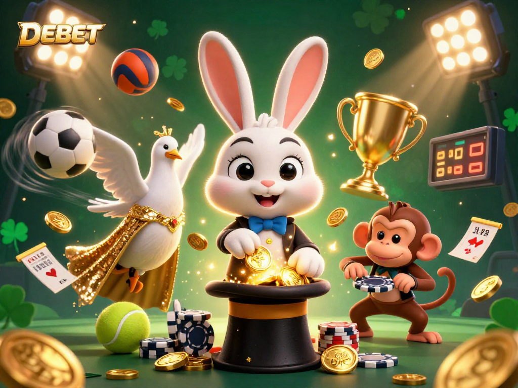 Engage with the DEBET gaming experience where a magician rabbit showcases coins, excitement, and sports betting.