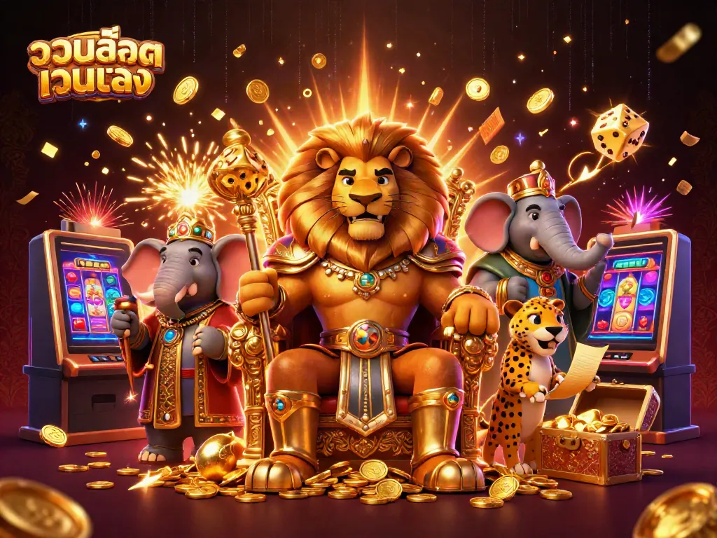 Experience the thrill of รวมสล็อตเว็บตรง with a vibrant 3D scene of casino action featuring a lion king, elephant advisor, and cheetah.