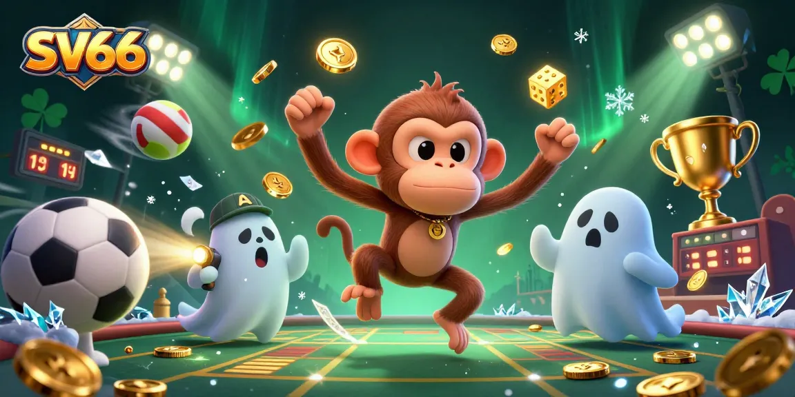 Engage with SV66's dynamic casino atmosphere featuring a playful poltergeist monkey and a curious puppy.