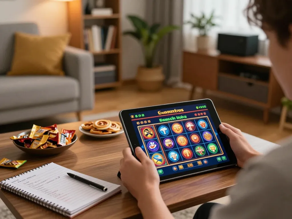 Engaged player enjoying slots not on gamstop on a tablet in cozy home setting with warm lighting.