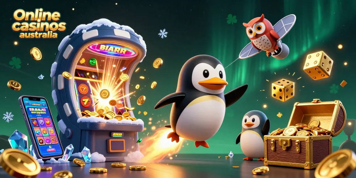 Experience thrilling action at online casinos Australia with a vibrant 3D casino adventure featuring a golden penguin.