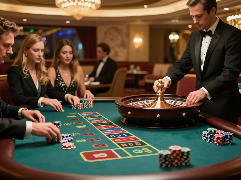 RR88 players placing bets at a vibrant roulette table in an upscale casino atmosphere.