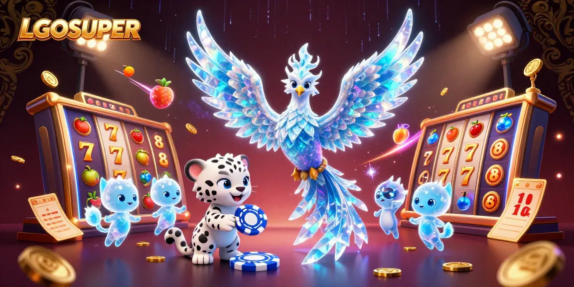 Win big with LGOSUPER featuring an energetic scene with mythical characters and slot machine elements.