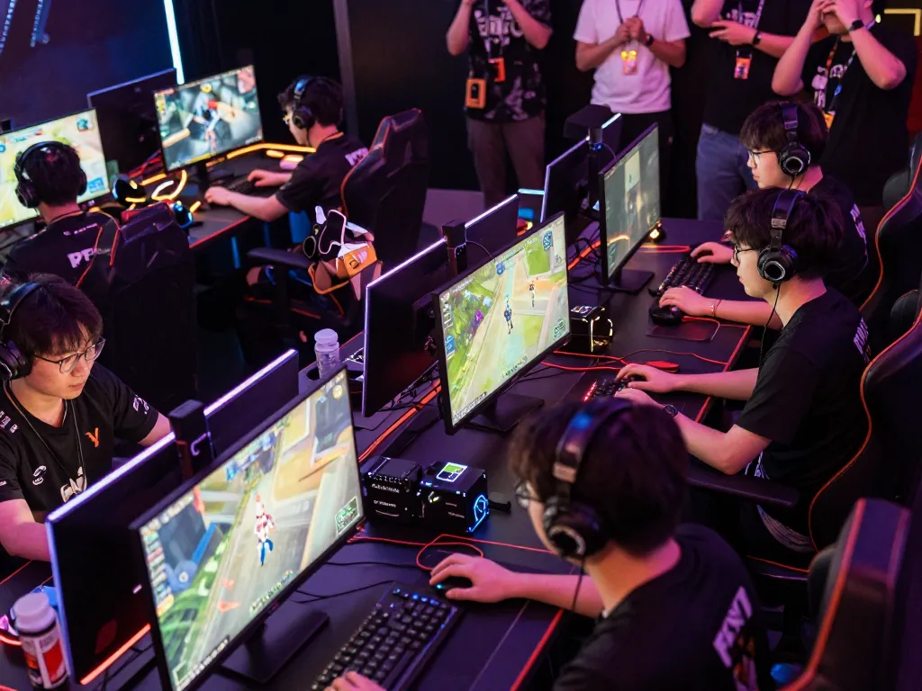 KPK100 gamers competing in an online tournament with vibrant energy and sleek setups.
