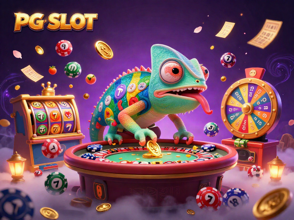 Spin PG SLOT reels with a lively chameleon casino owner amid colorful gaming excitement.